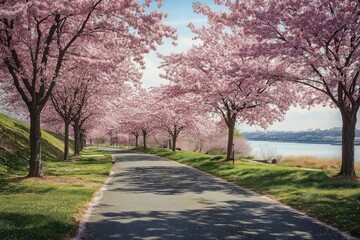 Obraz premium Scenic pathway lined with blooming cherry blossom trees alongside a calm river under a clear blue sky capturing spring tranquility