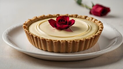 Elegant cream tart with a fluted crust, garnished with a single red rose on a white plate.