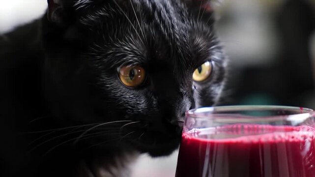 Curious black cat sniffing a glass of vibrant red juice on a table with a blurred background