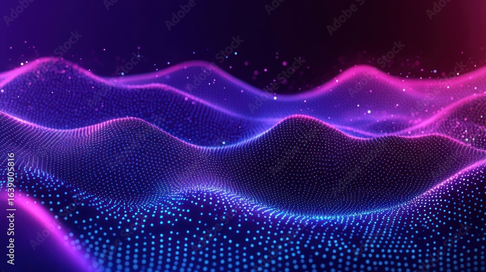 Poster abstract vibrant digital waves composed of glowing purple and blue dots creating smooth flowing curv