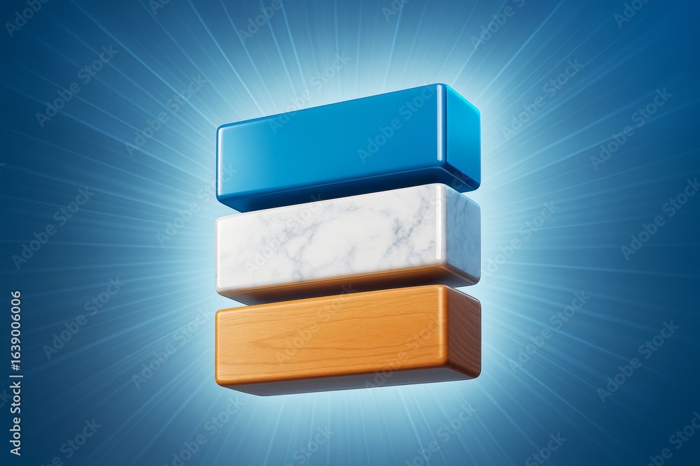 Poster abstract composition of blue, marble, and wood blocks stacked vertically with radiant light burst ba
