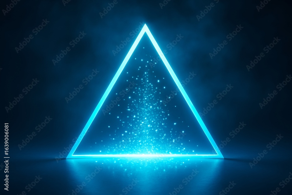 Poster glowing blue neon triangle with sparkling light particles inside on dark background, futuristic abst