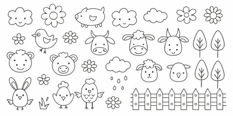 Cute cartoon farm animals and elements doodle set