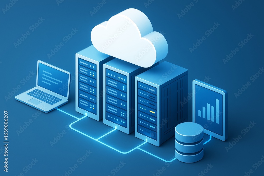 Poster cloud computing technology concept with connected servers, laptop, and cloud symbol in modern light 