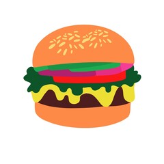 Flat illustration delicious burger with sandwich bun 