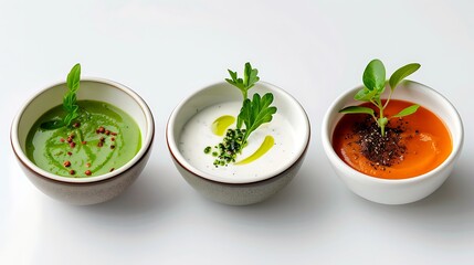 Three bowls of savory sauces elegantly garnished with fresh herbs, each showcasing a different color and texture against a clean white background.
