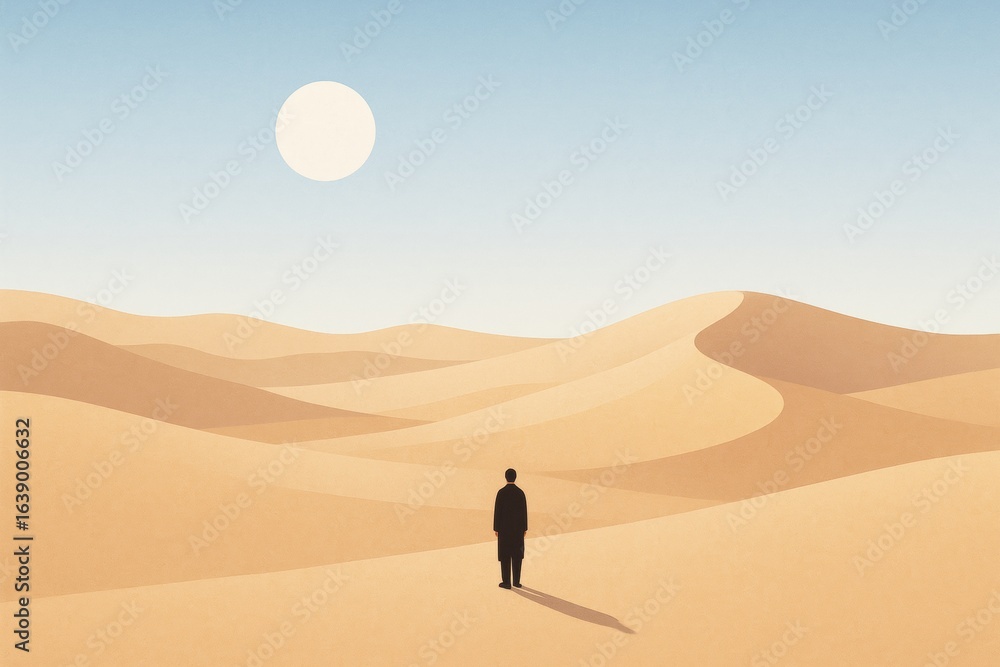 Poster abstract desert landscape with lone man under sun and soft blue sky background in minimalist art sty