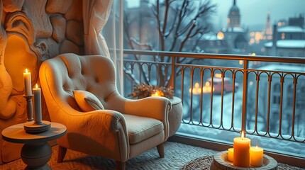 image Sculptural clay art. Cozy armchair, candlelight, winter balcony, city view. Modeled shapes, textured surface. Mystic, enchanting environment, gentle color contrasts, dreamlike atmosphere.
