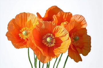 Close-up of vibrant orange poppy flowers with delicate petals and detailed yellow stamens against a clean white background