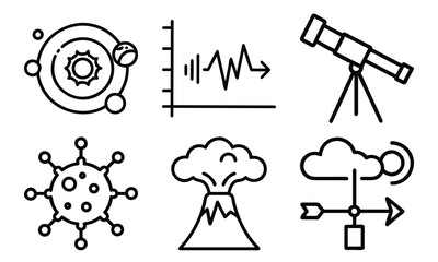 Science and Laboratory Line Icons Chemistry, Physics, Biology, Space, Robotics, Data, and Medical Vector Icon Set for Education, Research, and STEM Projects