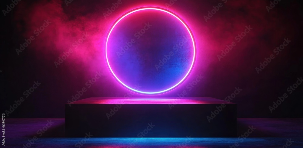 Poster glowing neon pink and blue circular ring hovering above a dark rectangular platform in a misty, atmo