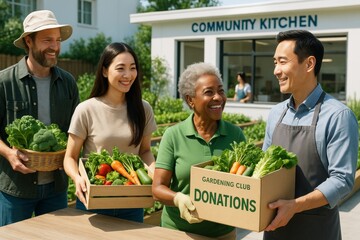 Happy diverse volunteers donating fresh vegetables to a community kitchen on a sunny day, promoting healthy food and teamwork outdoors. Ai generative