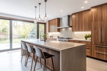 A kitchen with a large island and a dining table