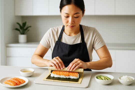 Woman preparing sushi roll as a hobby in bright kitchen background with natural light, showcasing a creative cooking activity at home. Ai generative - Powered by Adobe