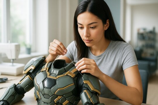 Woman crafting detailed futuristic costume armor indoors as creative hobby on bright soft-focus background in modern home studio setting. Ai generative