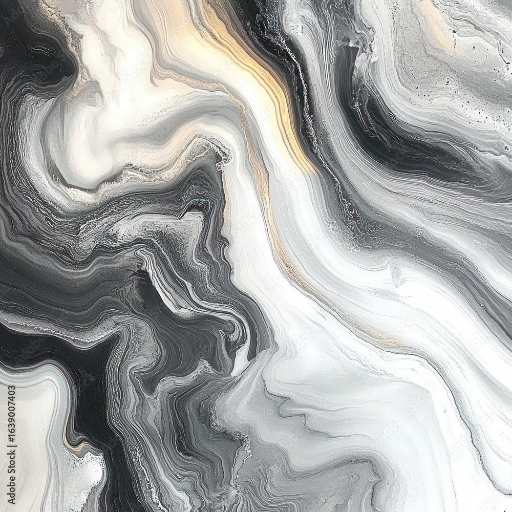 Poster abstract fluid marble texture with swirling black, white, gray, and subtle beige tones creating dyna