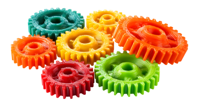 Plastic gear toy set with interlocking pieces, photorealistic, isolated on white background