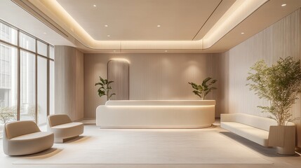 A white reception area with a plant in the corner