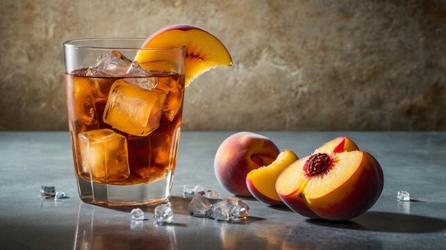 Two Refreshing Iced Tea or Whiskey Cocktails with Peach and Ice