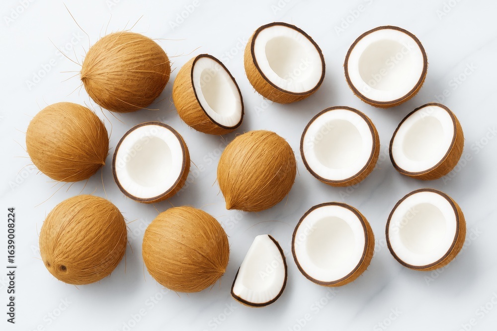 Poster whole and halved coconuts arranged on a clean light surface in a 3d style presentation with high det