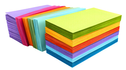 Set of colored index cards for vocabulary practice, photorealistic, isolated on white background