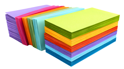 Set of colored index cards for vocabulary practice, photorealistic, isolated on white background