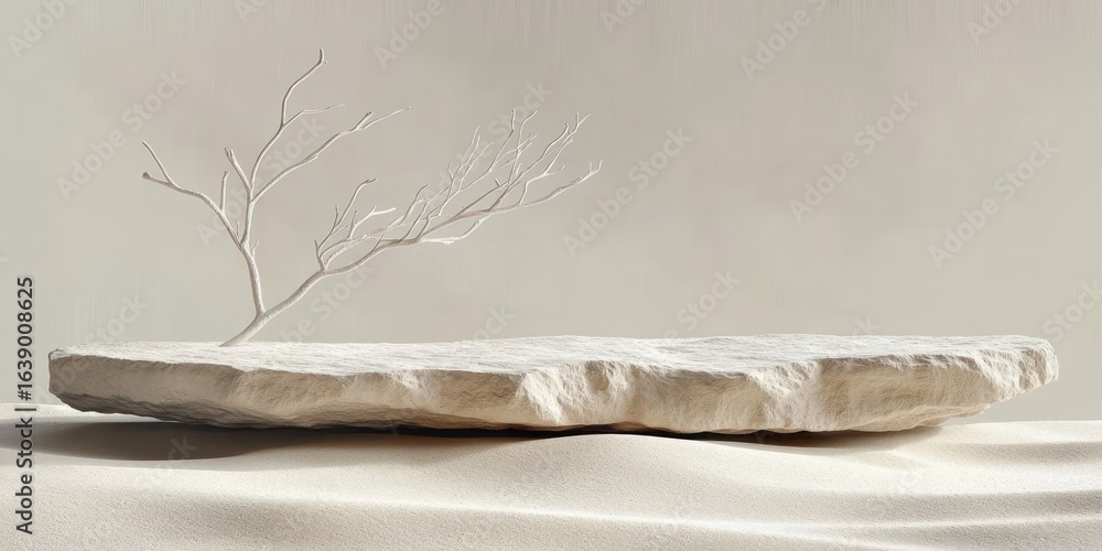 Poster minimalist scene with a flat, rough stone slab resting on smooth sandy surface and a delicate, leafl
