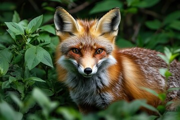 Close-up of a red fox with bright orange fur and alert eyes surrounded by green leafy plants in a natural forest setting