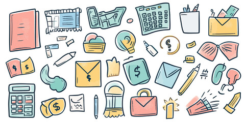 Hand drawn business and finance doodle icons set with calculator wallet pen documents money and office supplies in minimalist flat vector style illustration