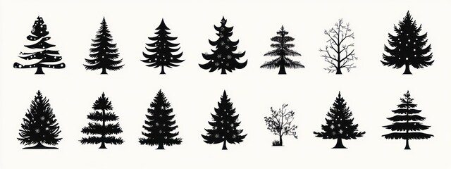 Obraz premium Row of fourteen unique stylized black Christmas and pine tree silhouettes with different shapes and snowflake decorations on a light background