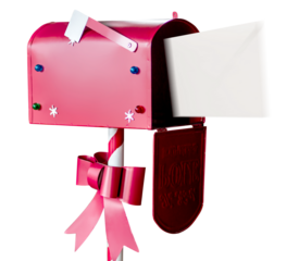 A red mailbox with a pink bow on it