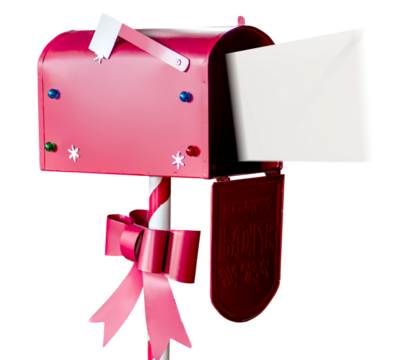 A red mailbox with a pink bow on it