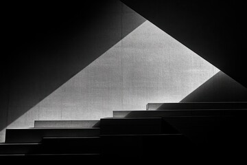 abstract black and white photograph of geometric shadows cast on wall and stepped structure creating triangular light patterns with high contrast