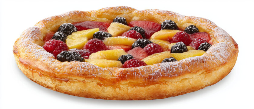 Fruit Tart:  A golden pastry crust filled with juicy peaches, raspberries, and blackberries, dusted with powdered sugar