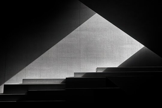 abstract black and white photograph of geometric shadows cast on wall and stepped structure creating triangular light patterns with high contrast