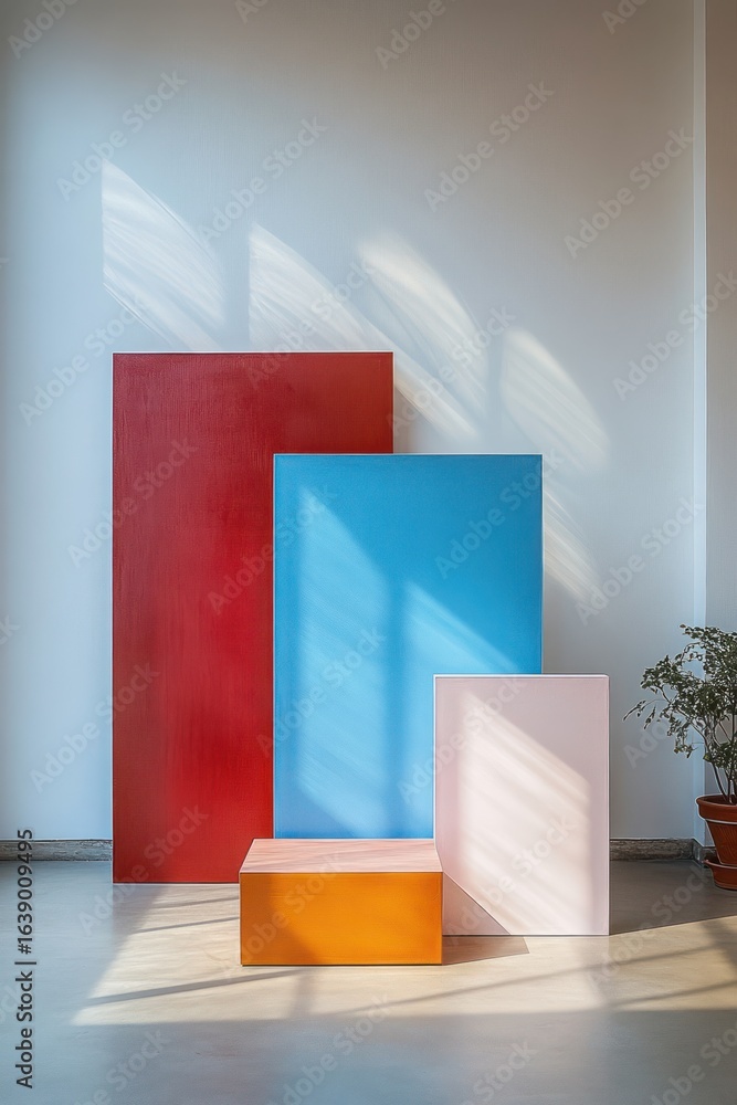 Aufkleber minimalist interior with four colorful geometric blocks of various sizes casting shadows on a smooth