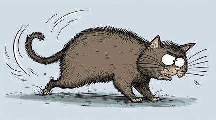 Frightened cartoon cat scurries, tail whirling, across ground