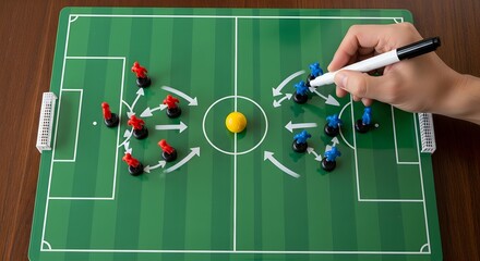 Strategic Soccer Play Coachs Hand Drawing Formations on a Magnetic Tactics Board.