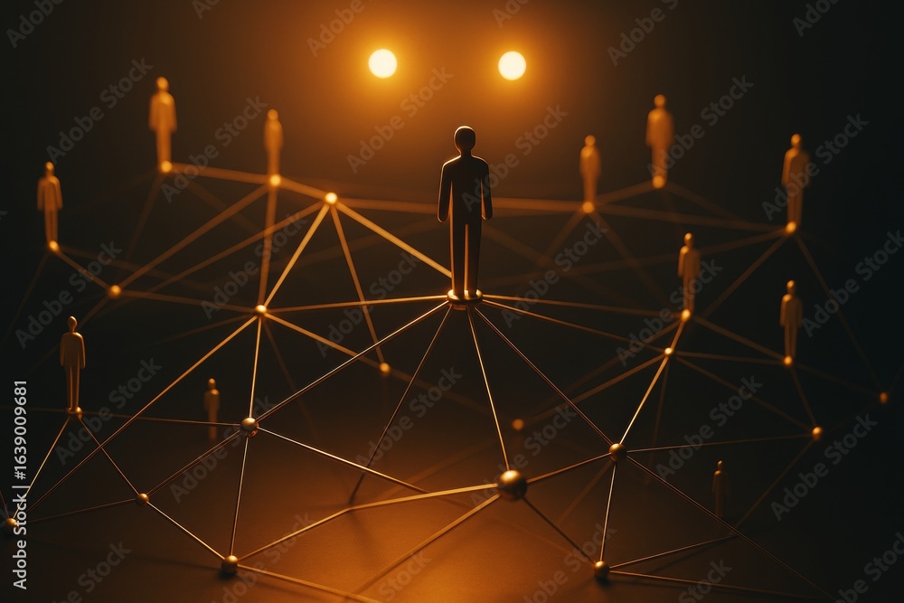 Poster abstract concept of human connection and leadership with glowing network structure and figures on da