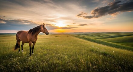 Solitary Chestnut Horse at Sunset in Rolling Prairie Landscape
