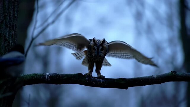 Long Eared Owl Perched On Branch Spreading Wings In Dark Blue Forest At Night