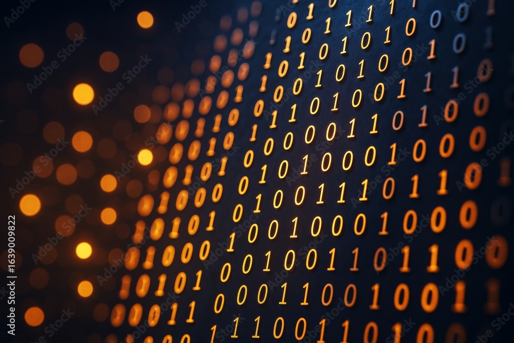 Poster glowing binary code pattern on dark background with futuristic orange light bokeh effect, illustrati