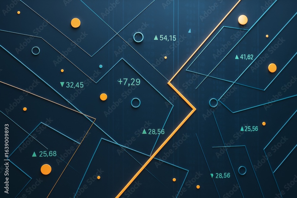 Poster abstract financial data background with geometric shapes and glowing lines on dark backdrop illustra