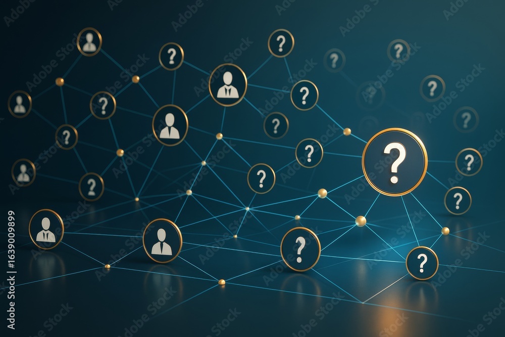 Poster question mark network and user icons connected by lines on dark background symbolizing data privacy,