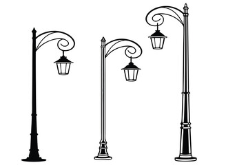 Obraz premium Three black and white illustrations of vintage street lamps Keywords: street lamp, light, lighting, vintage