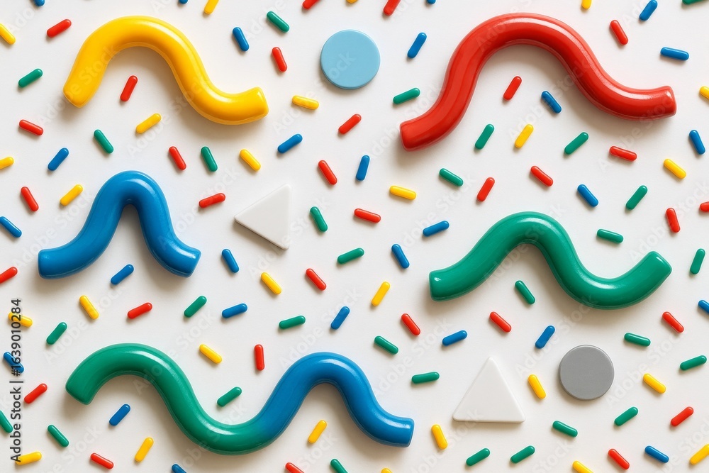 Poster abstract colorful shapes and squiggles arranged on a white background in playful style for creative 