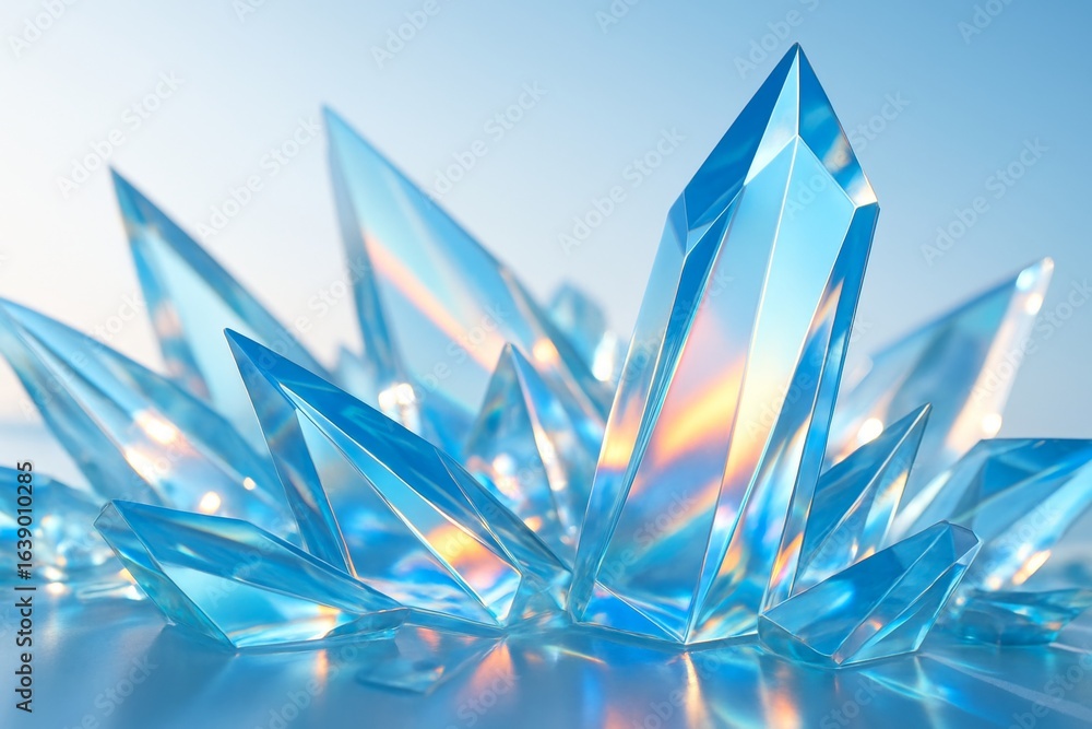 Poster Abstract blue crystal cluster with light refractions on smooth surface and soft gradient background in dreamy fantasy style composition. Ai generative