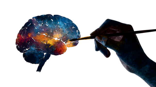 Silhouette of a hand painting a brain, isolated on transparent background