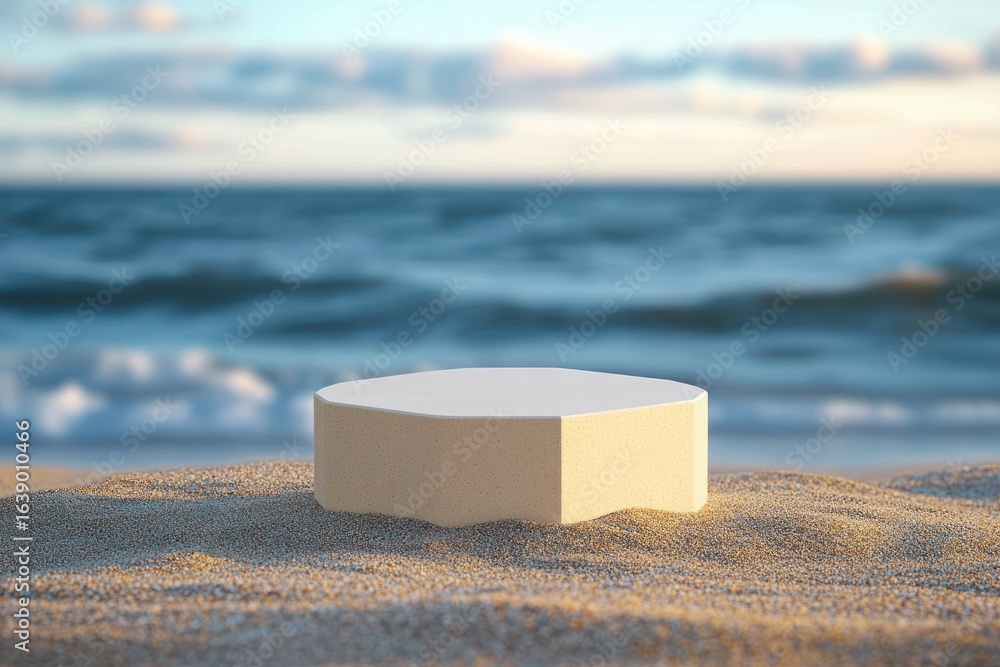 Poster smooth beige hexagonal platform resting on sandy beach with soft ocean waves and cloudy sky in the b