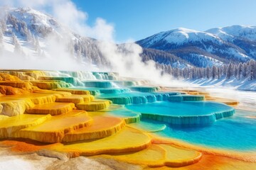 Vibrant geothermal terraces with rainbow-colored mineral layers against snowy mountain landscape and blue sky in winter sunlight. Ai generative. Ai generative
